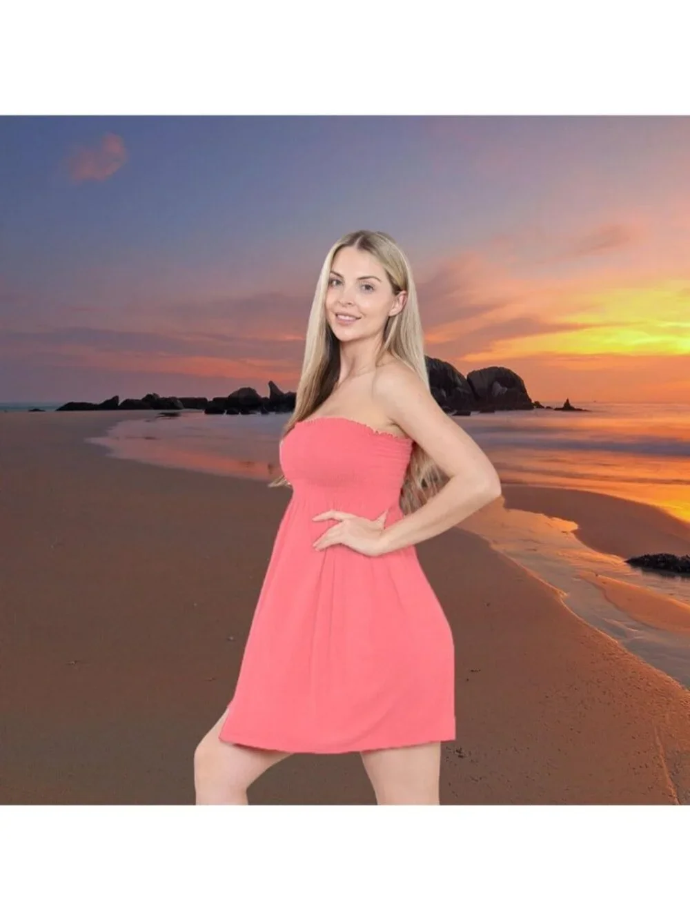 Women's Coral Sun Strapless Tube Short Beach Summer Dresses Casual Mini Dress